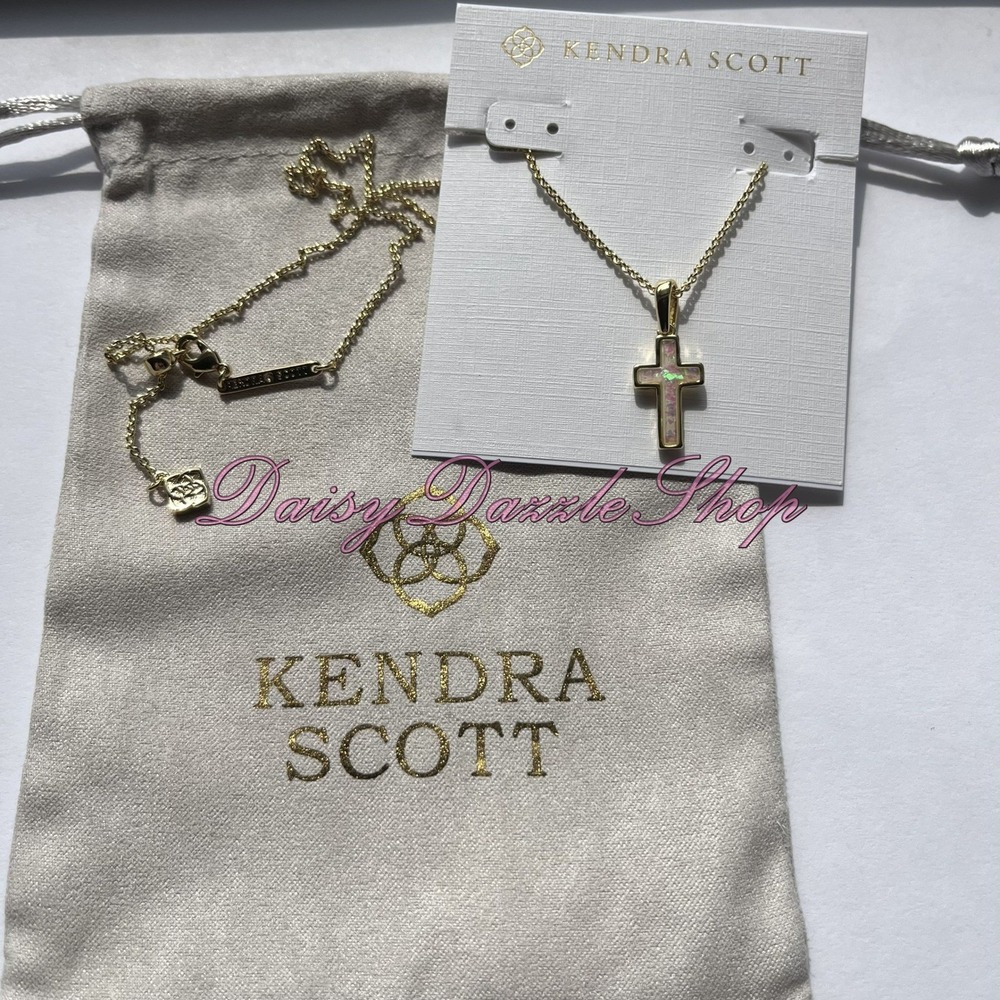 ✨Kendra Scott Cross Gold Pendant Necklace in White Kyocera Opal New ✨🕊️ - Picture 2 of 8
